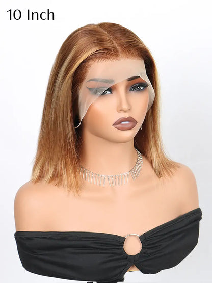 10 Inches Highlight Bob Wig Brown Highlights Straight Hair 13x4 Lace Wigs - SIMMEL Hair