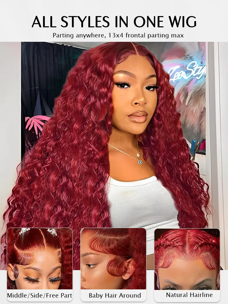 SIMMEL hair burgundy hair deep curly 13x4 lace front wig dark red human hair wigs