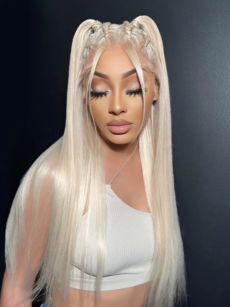 SIMMEL hair model show white hair 13x4 lace front wig silky straight human hair wigs