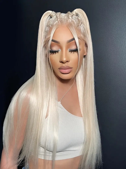 SIMMEL hair model show white hair 13x4 lace front wig silky straight human hair wigs